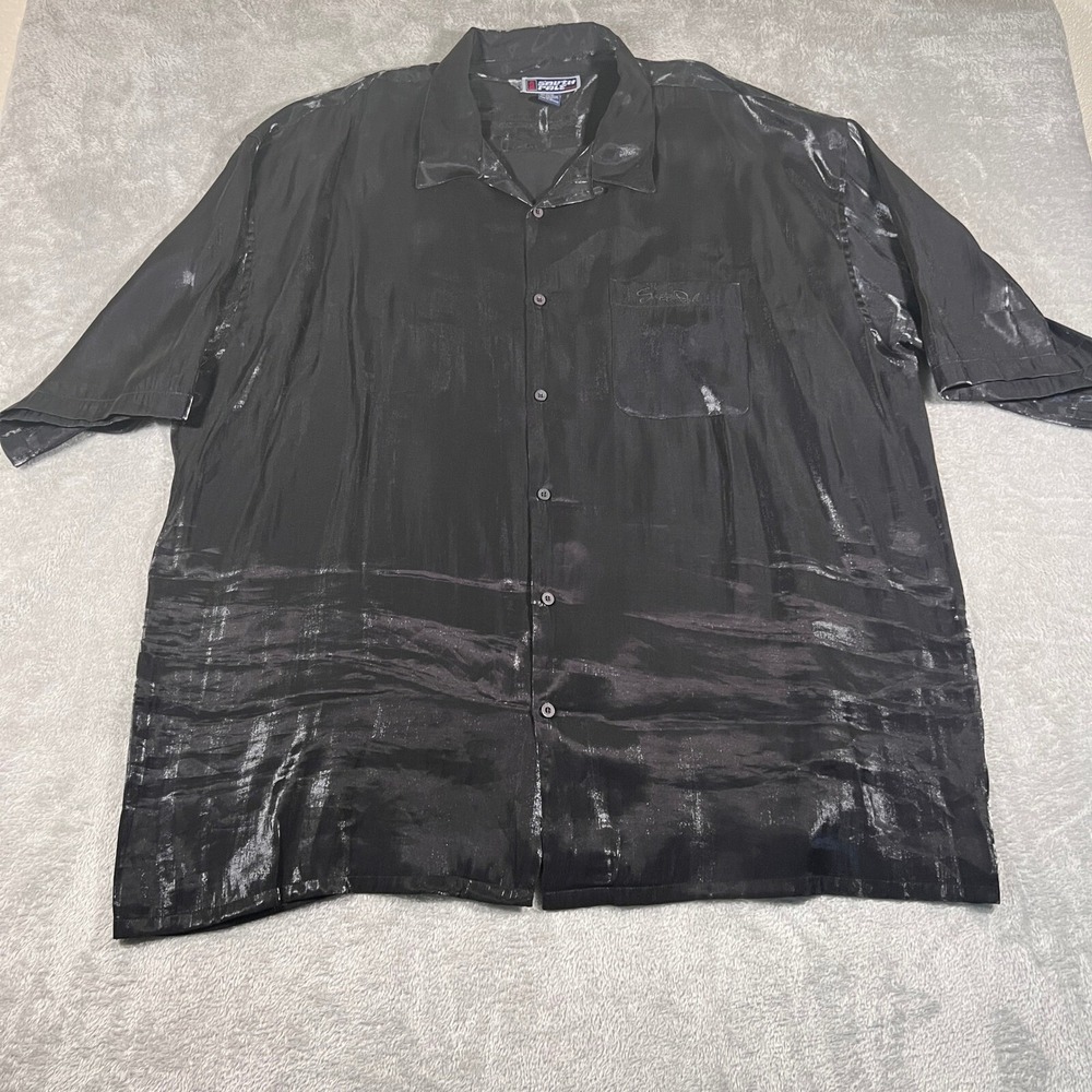 VTG South Pole Shirt‎ Mens 4XL Black Shiny Short Sleeve Button Up Y2K